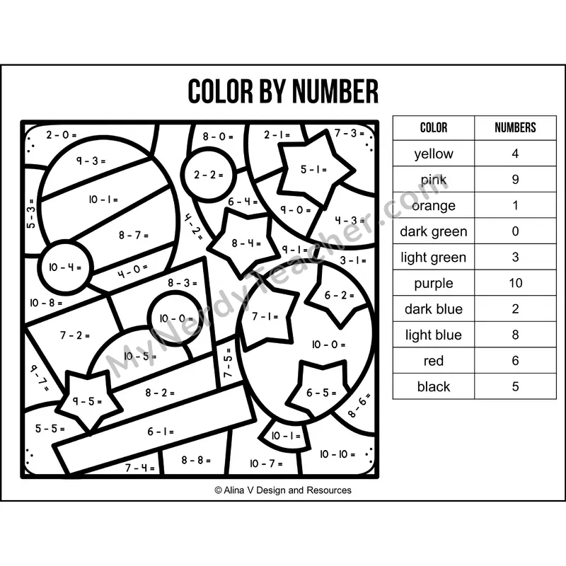 Subtraction Within 10 Color by Number — New Year Mystery Picture 3
