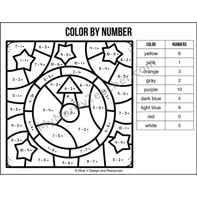 Subtraction Within 10 Color by Number — New Year Mystery Picture 4