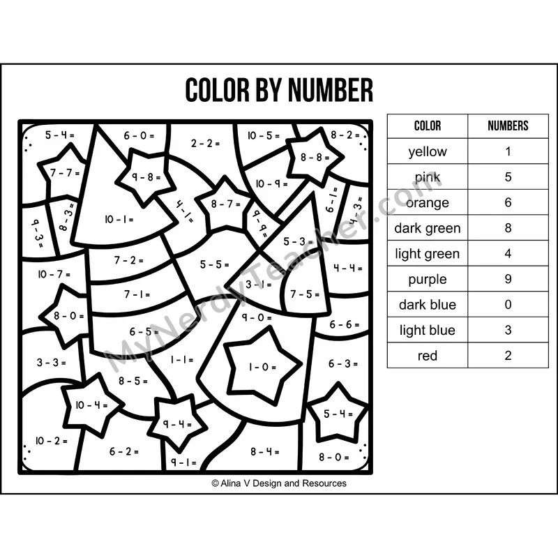 Subtraction Within 10 Color by Number — New Year Mystery Picture 5
