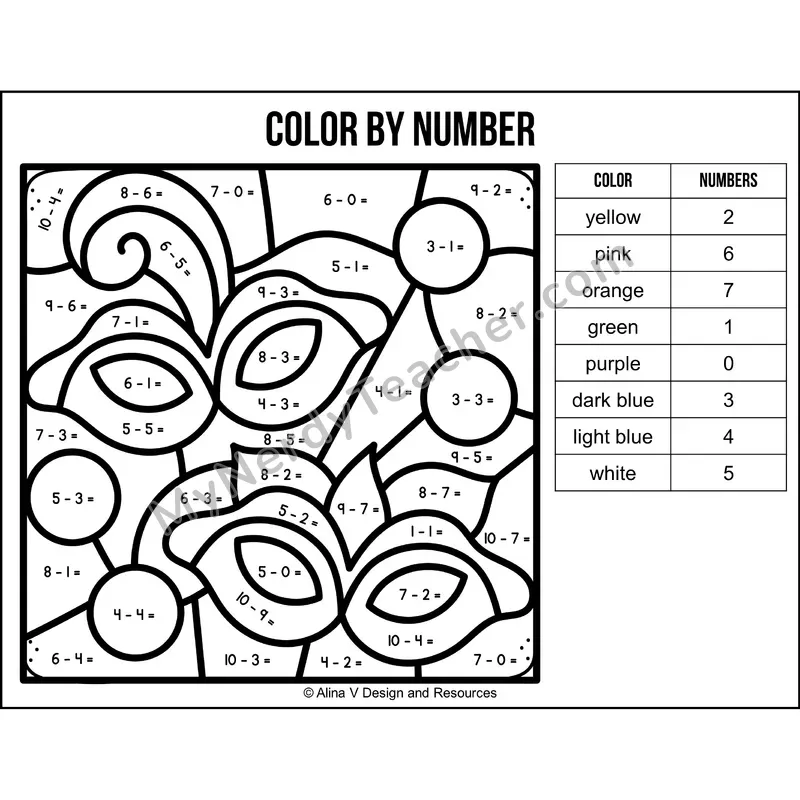Subtraction Within 10 Color by Number — Mardi Gras Mystery Picture 5