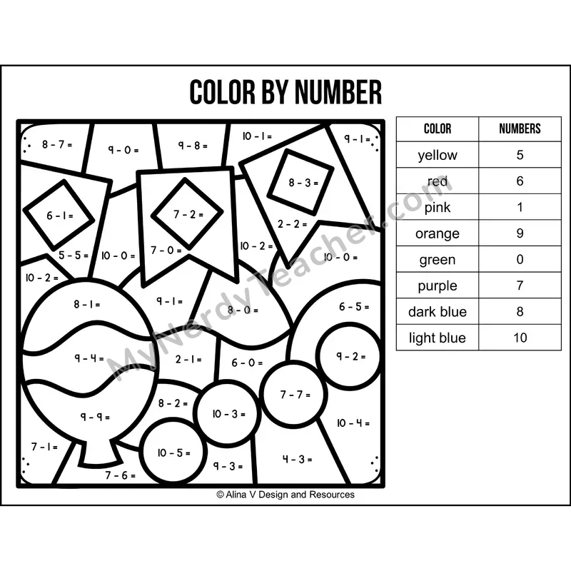 Subtraction Within 10 Color by Number — Mardi Gras Mystery Picture 4