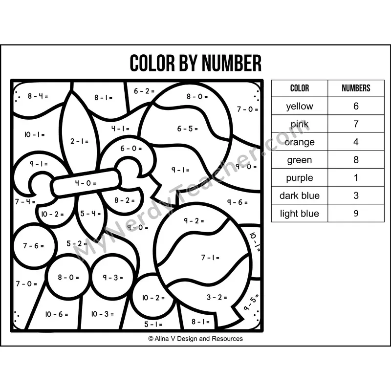 Subtraction Within 10 Color by Number — Mardi Gras Mystery Picture 3