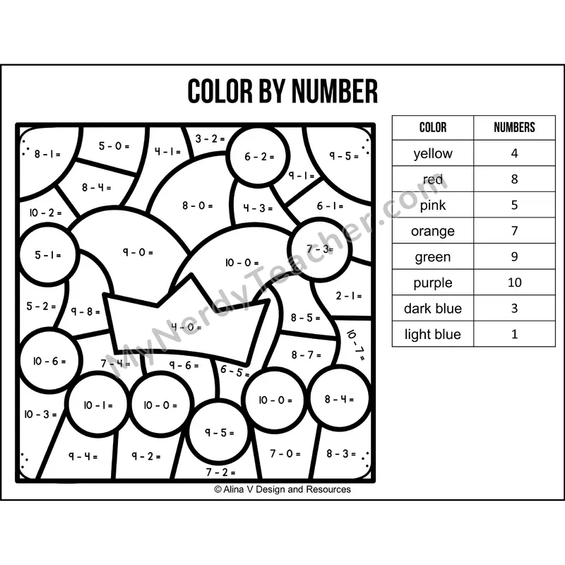 Subtraction Within 10 Color by Number — Mardi Gras Mystery Picture 6