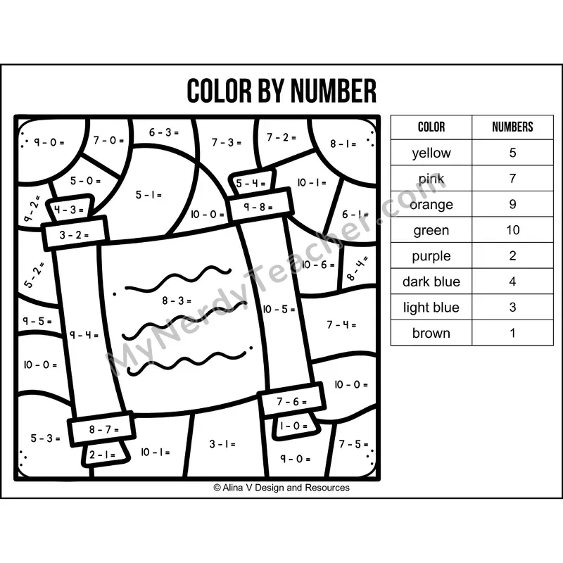 Subtraction Within 10 Color by Number — Hanukkah Mystery Picture 4