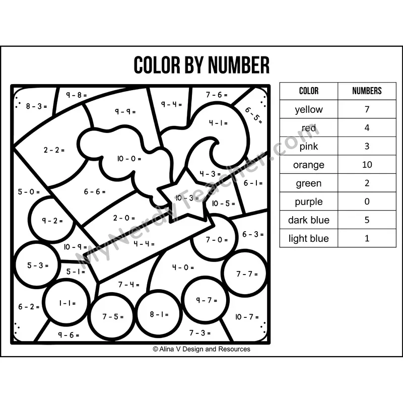 Subtraction Within 10 Color by Number — Mardi Gras Mystery Picture 2
