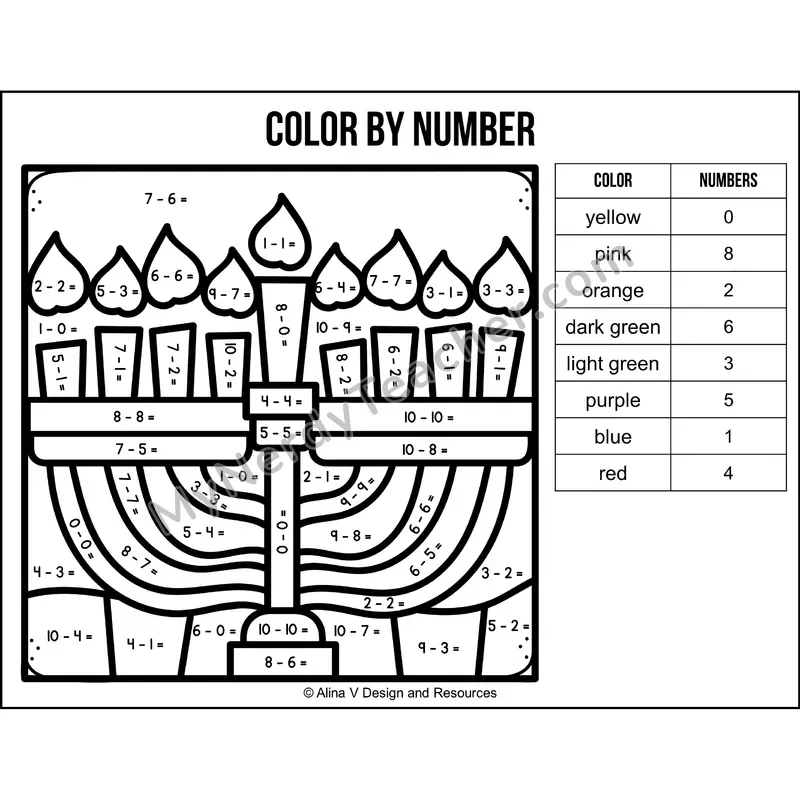 Subtraction Within 10 Color by Number — Hanukkah Mystery Picture 1