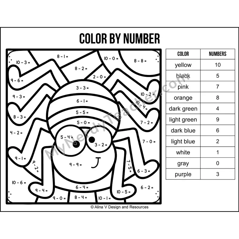 Subtraction Within 10 Color by Number — Halloween Mystery Picture 4