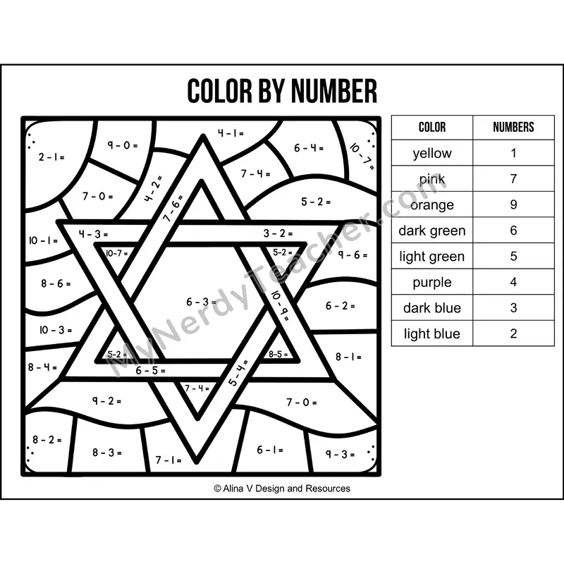 Subtraction Within 10 Color by Number — Hanukkah Mystery Picture 3