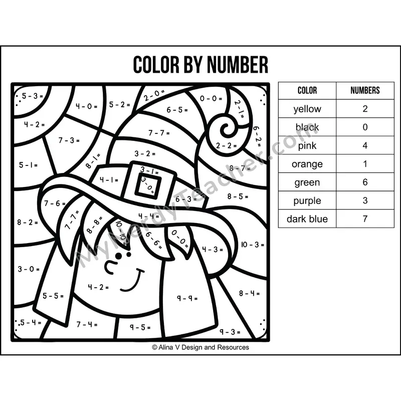 Subtraction Within 10 Color by Number — Halloween Mystery Picture 6
