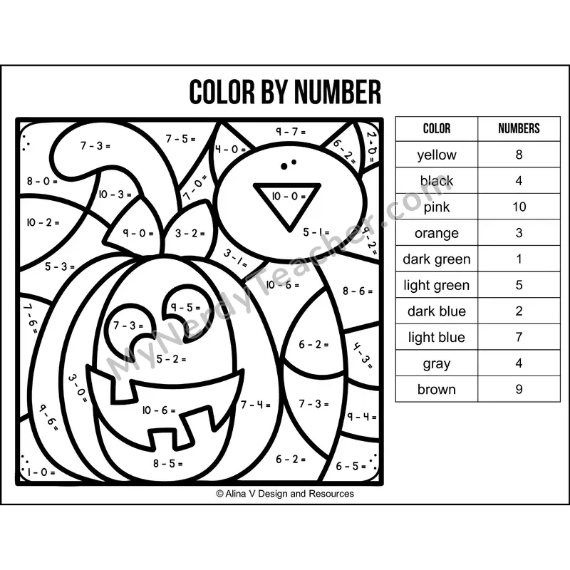 Subtraction Within 10 Color by Number — Halloween Mystery Picture 2