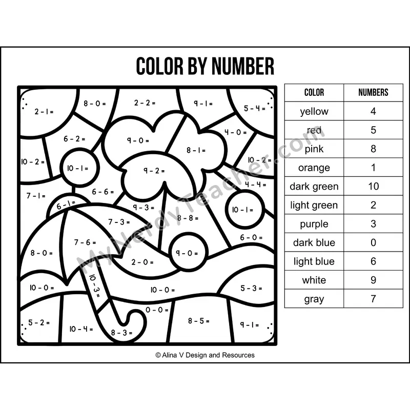 Subtraction Within 10 Color by Number — Groundhog Day Mystery Picture 6