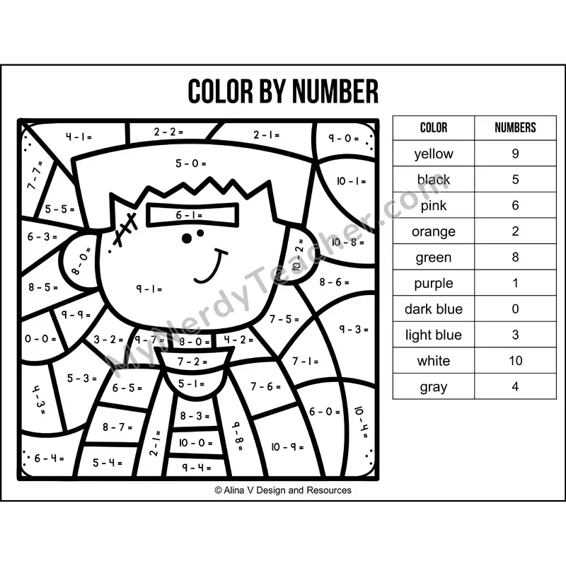 Subtraction Within 10 Color by Number — Halloween Mystery Picture 1