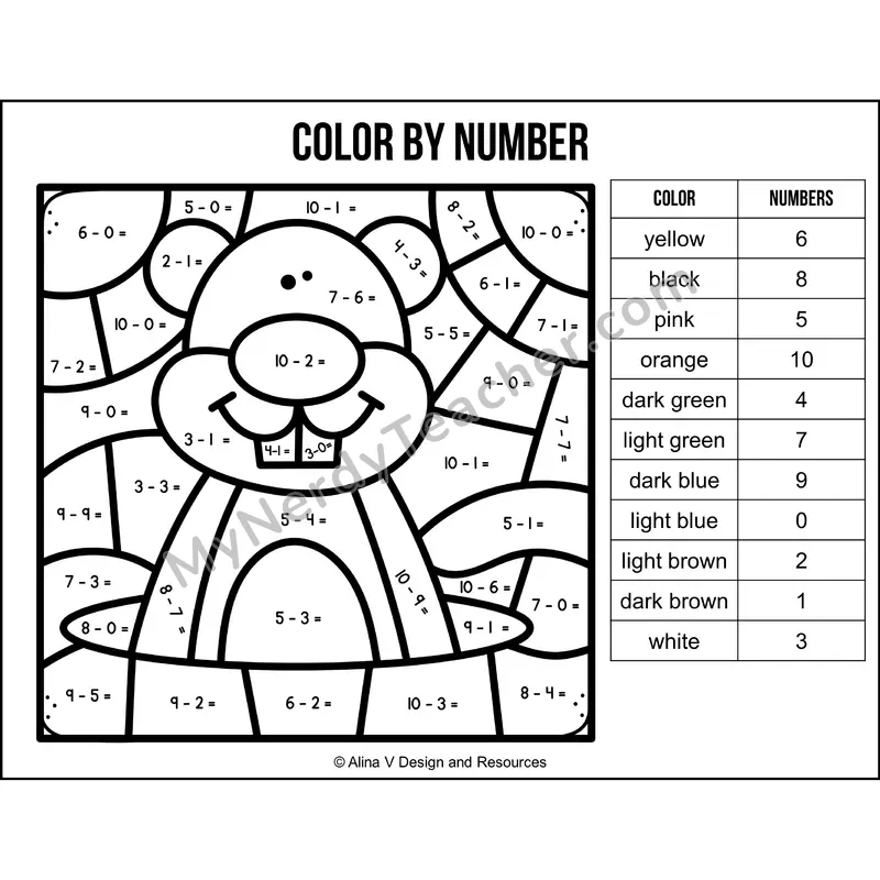 Subtraction Within 10 Color by Number — Groundhog Day Mystery Picture 4