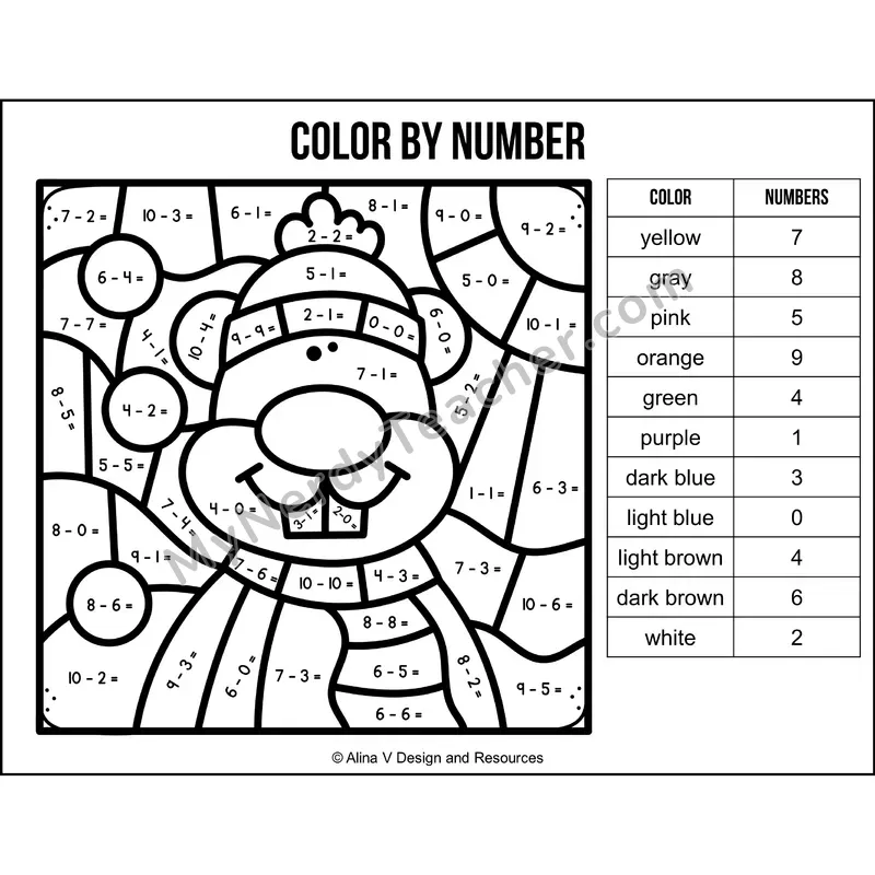 Subtraction Within 10 Color by Number — Groundhog Day Mystery Picture 1