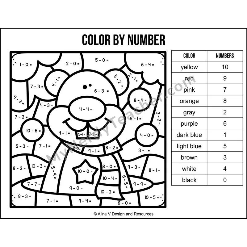 Subtraction Within 10 Color by Number — Groundhog Day Mystery Picture 5