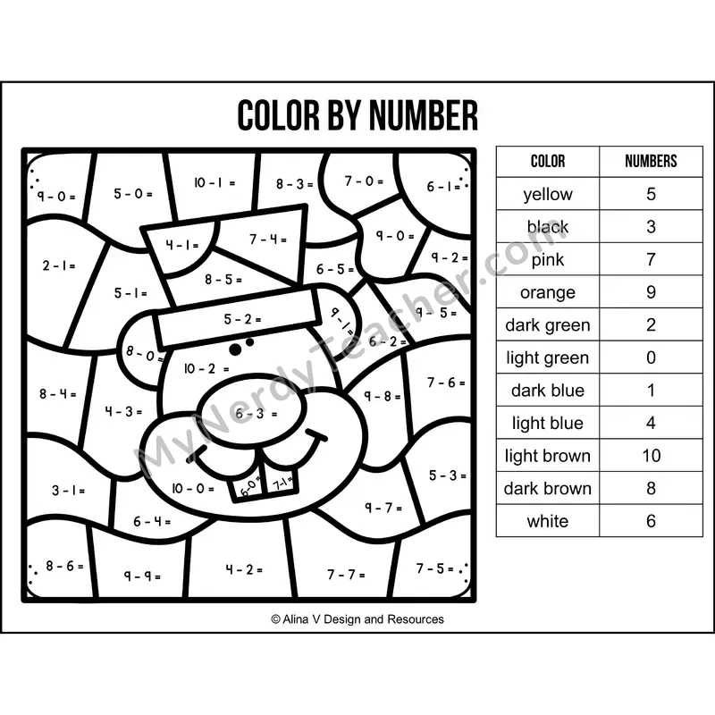 Subtraction Within 10 Color by Number — Groundhog Day Mystery Picture 2
