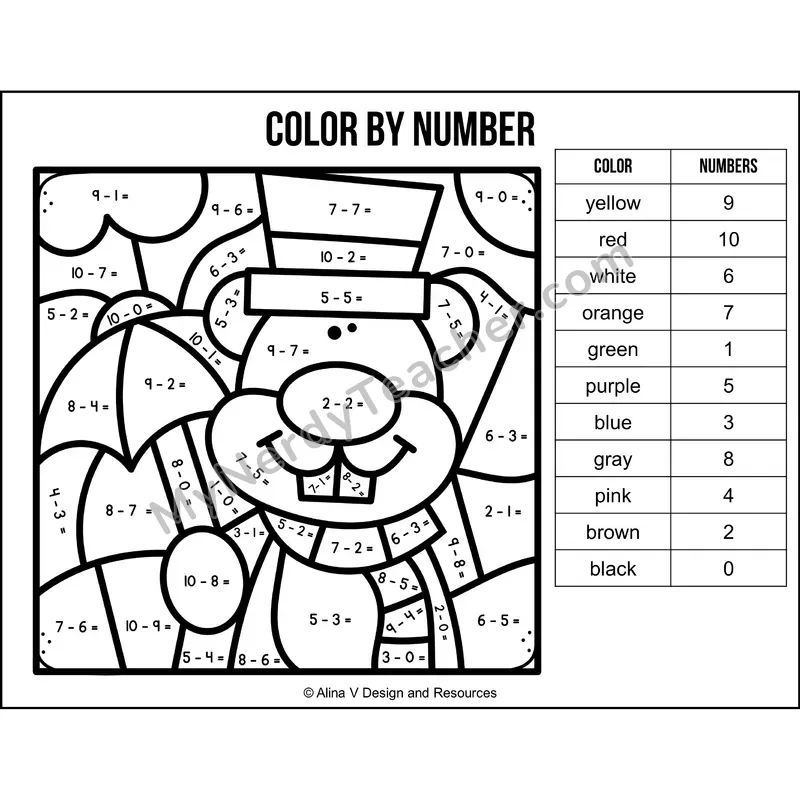Subtraction Within 10 Color by Number — Groundhog Day Mystery Picture 3
