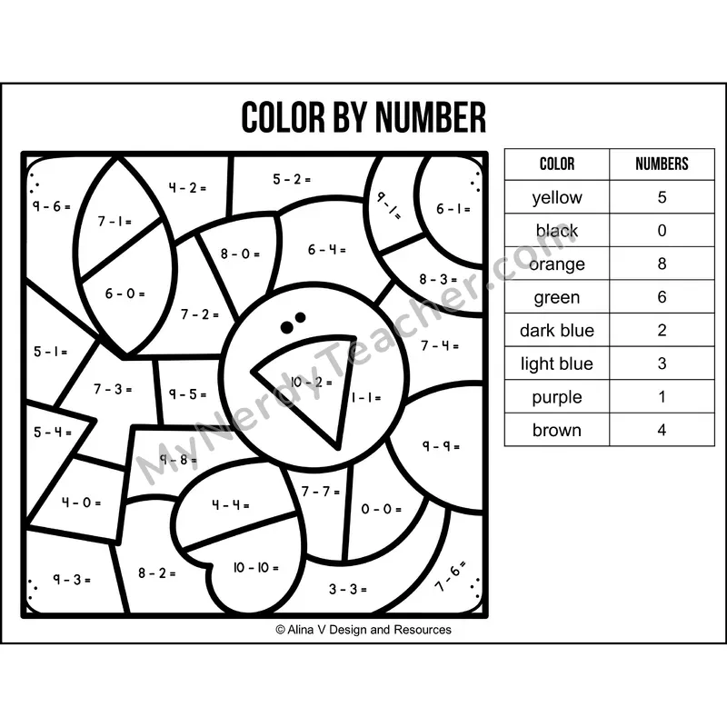 Subtraction Within 10 Color by Number — Fall Mystery Picture 5