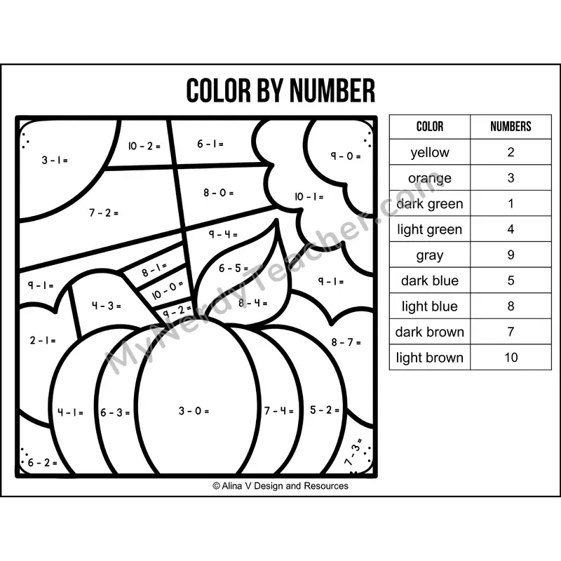 Subtraction Within 10 Color by Number — Fall Mystery Picture 6