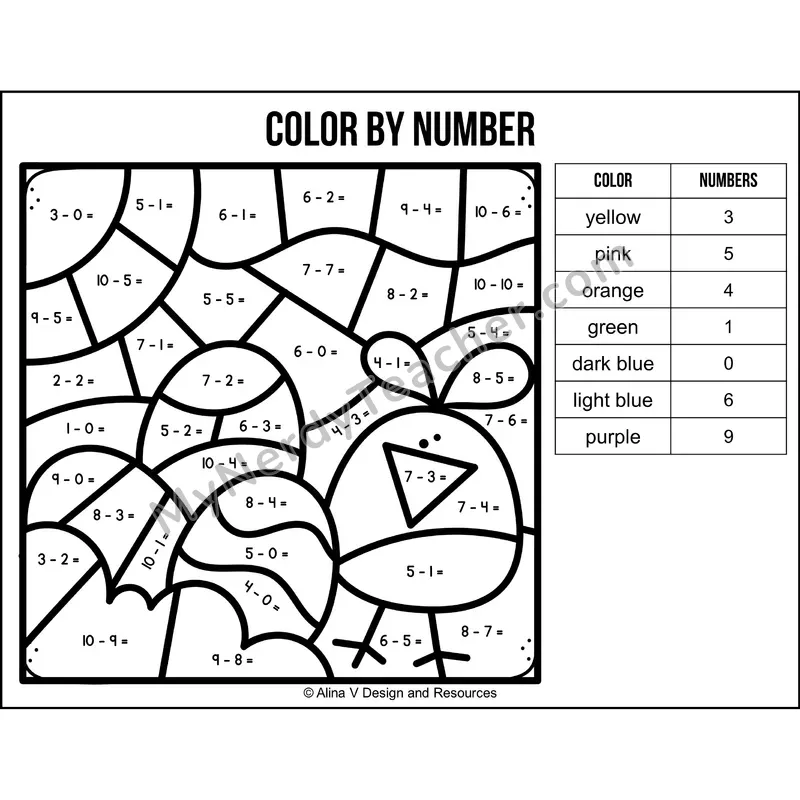 Subtraction Within 10 Color by Number — Easter Mystery Picture 5