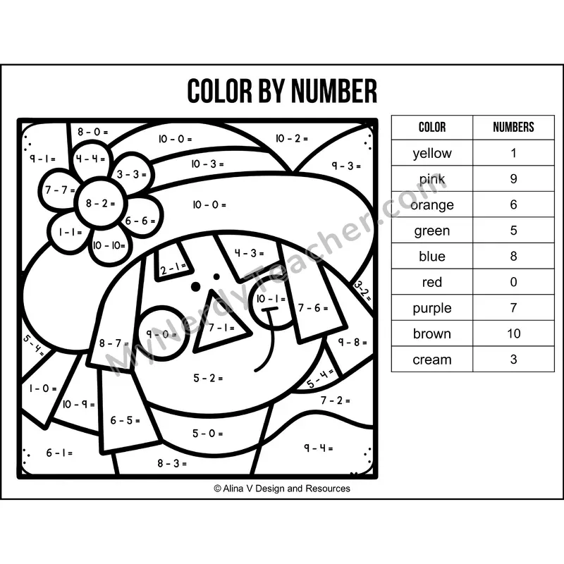 Subtraction Within 10 Color by Number — Fall Mystery Picture 1