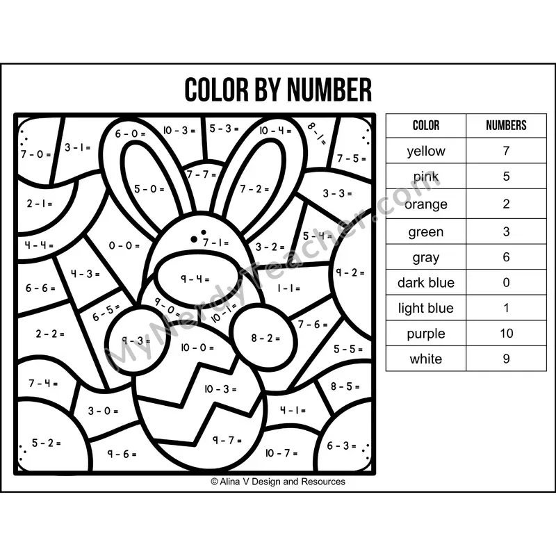 Subtraction Within 10 Color by Number — Easter Mystery Picture 3