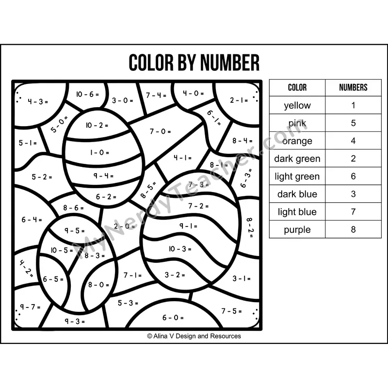 Subtraction Within 10 Color by Number — Easter Mystery Picture 2