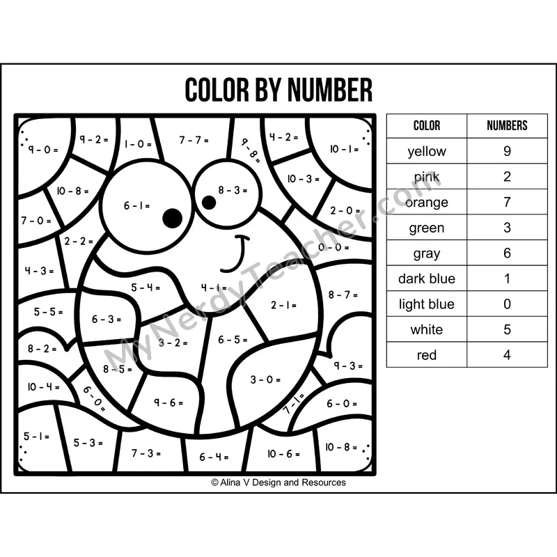 Subtraction Within 10 Color by Number — Earth Day Mystery Picture 1