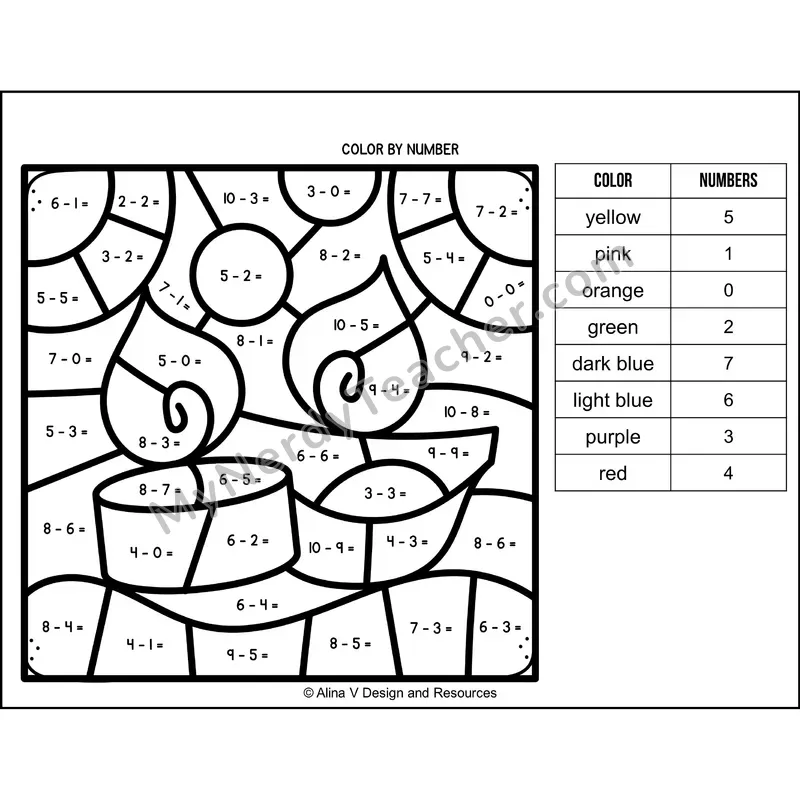 Subtraction Within 10 Color by Number — Diwali Mystery Picture 2
