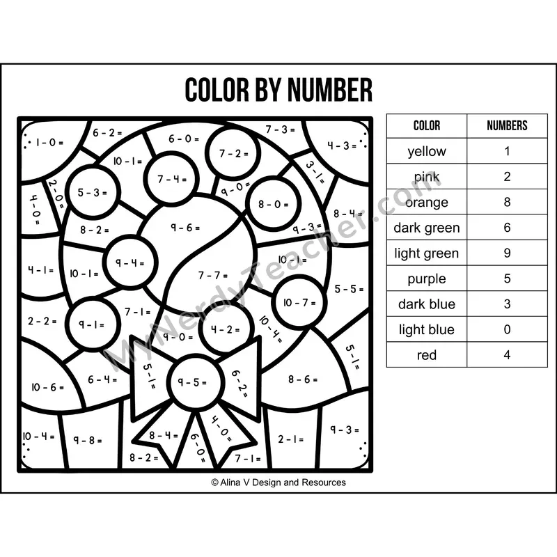 Subtraction Within 10 Color by Number — Christmas Mystery Picture 3