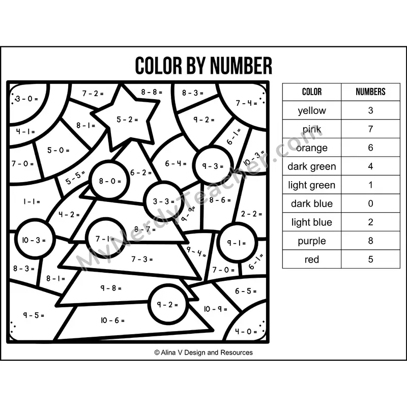 Subtraction Within 10 Color by Number — Christmas Mystery Picture 2