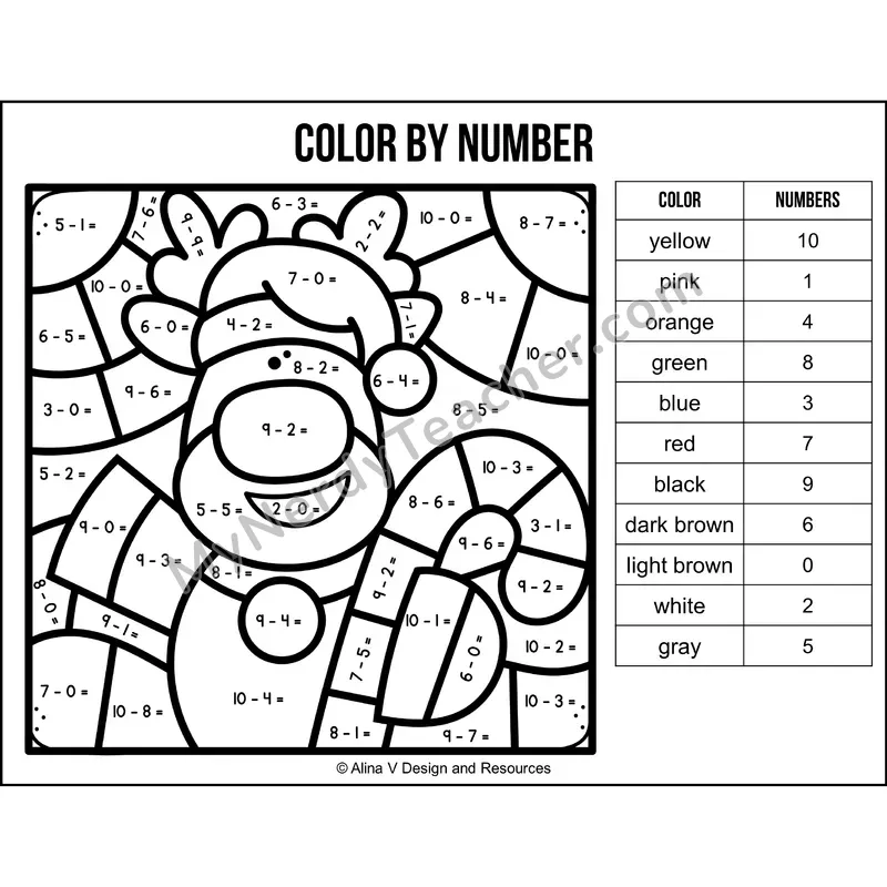 Subtraction Within 10 Color by Number — Christmas Mystery Picture 5