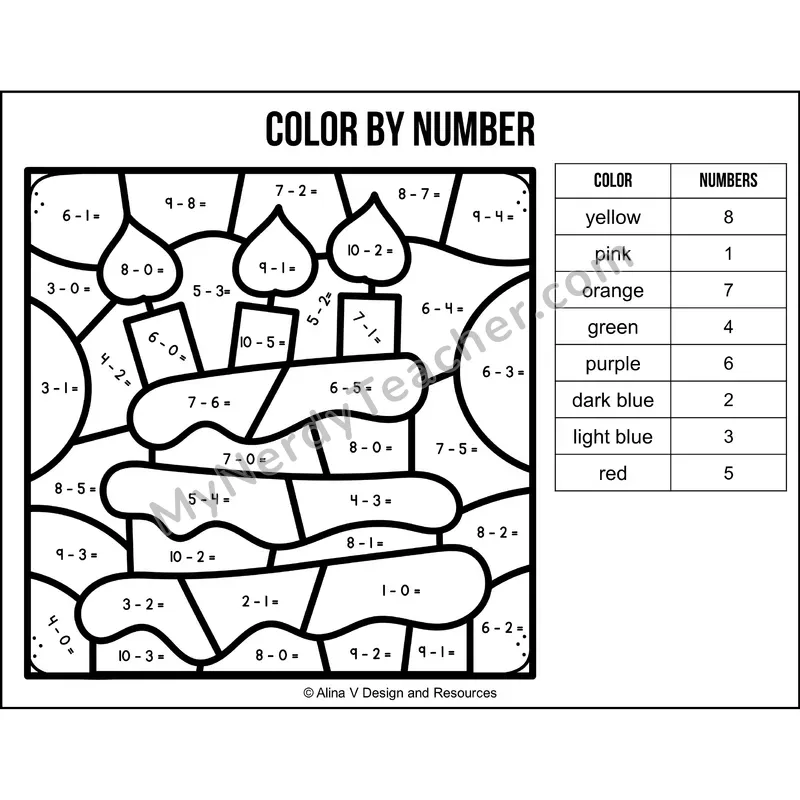 Subtraction Within 10 Color by Number — Birthday Mystery Picture 3