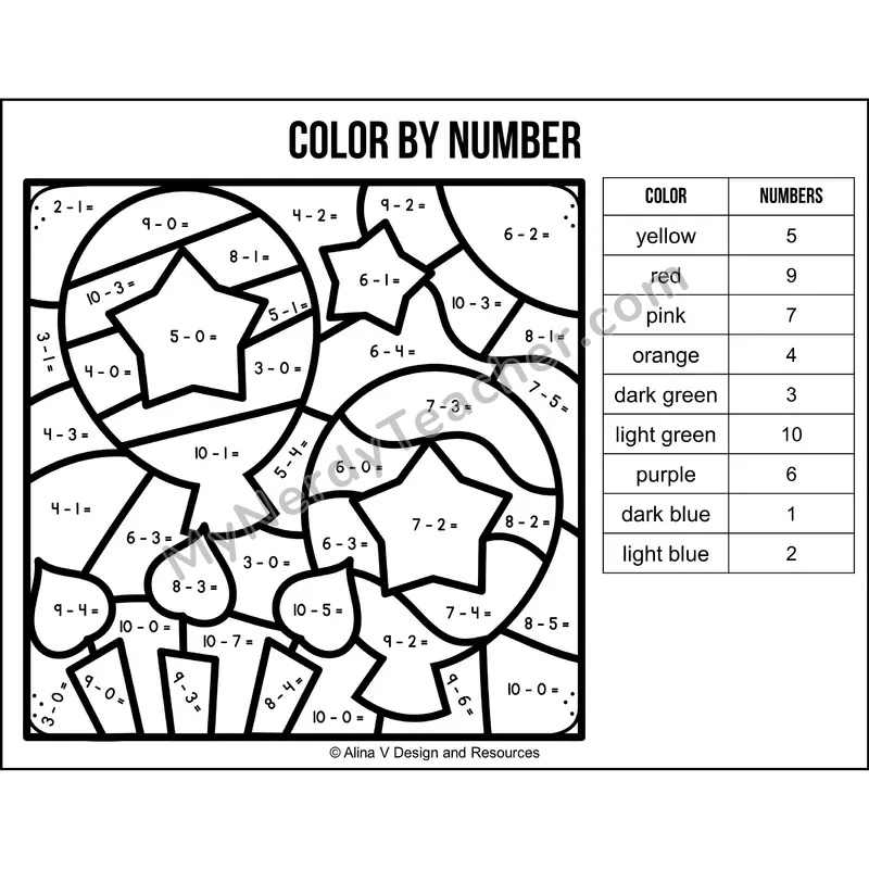 Subtraction Within 10 Color by Number — Birthday Mystery Picture 6