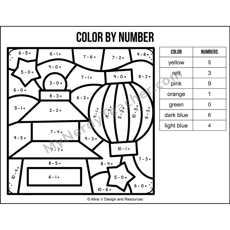 Subtraction Within 10 Color by Number — Chinese New Year Mystery Picture 2