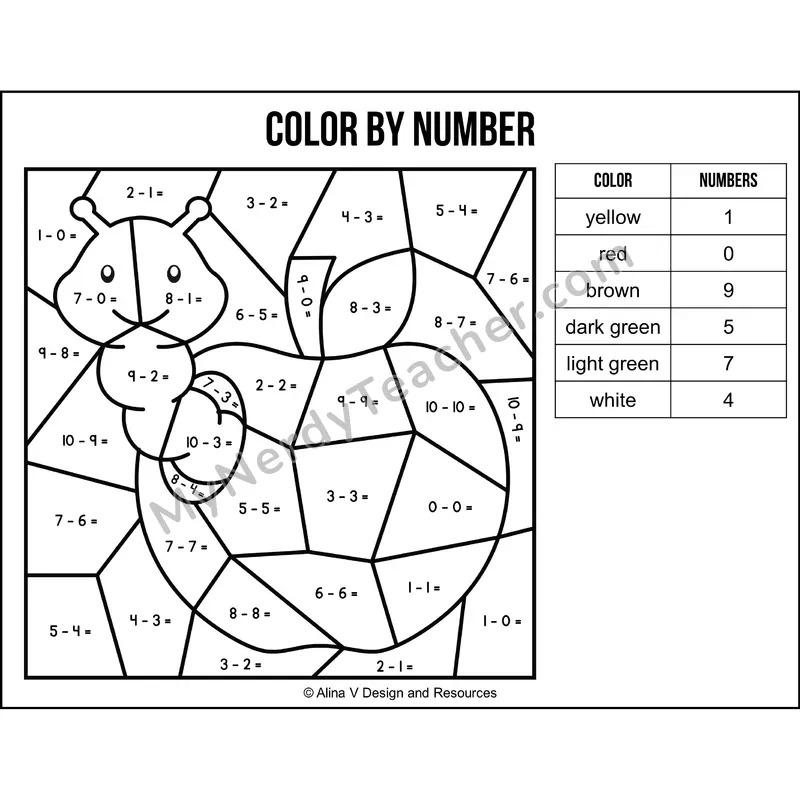 Subtraction Within 10 Color by Number — Back to School Mystery Picture 4