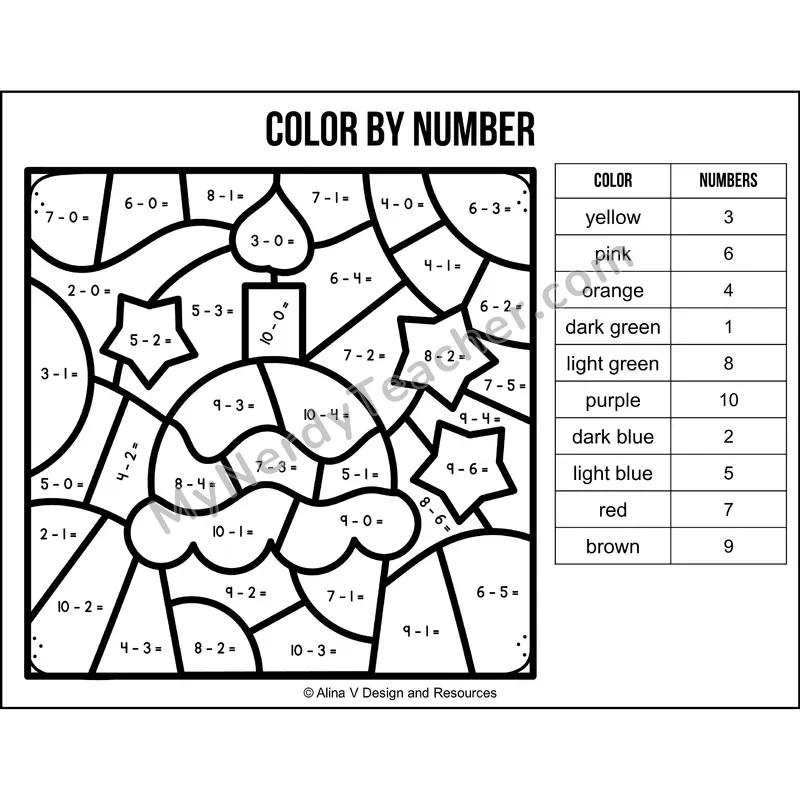 Subtraction Within 10 Color by Number — Birthday Mystery Picture 1