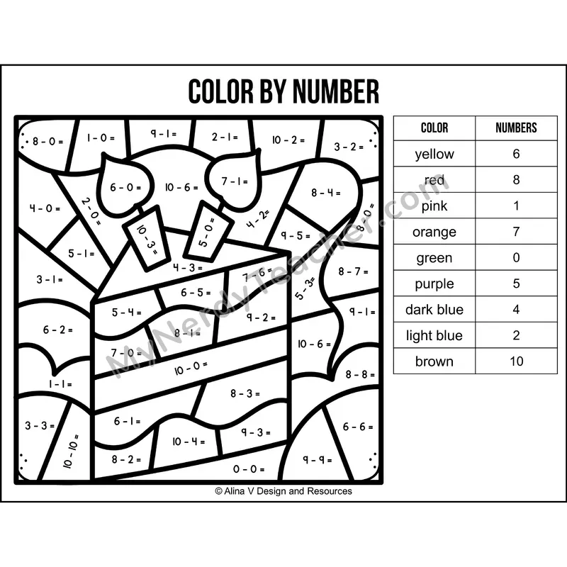 Subtraction Within 10 Color by Number — Birthday Mystery Picture 4