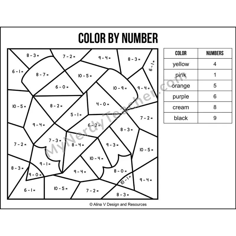 Subtraction Within 10 Color by Number — Back to School Mystery Picture 2