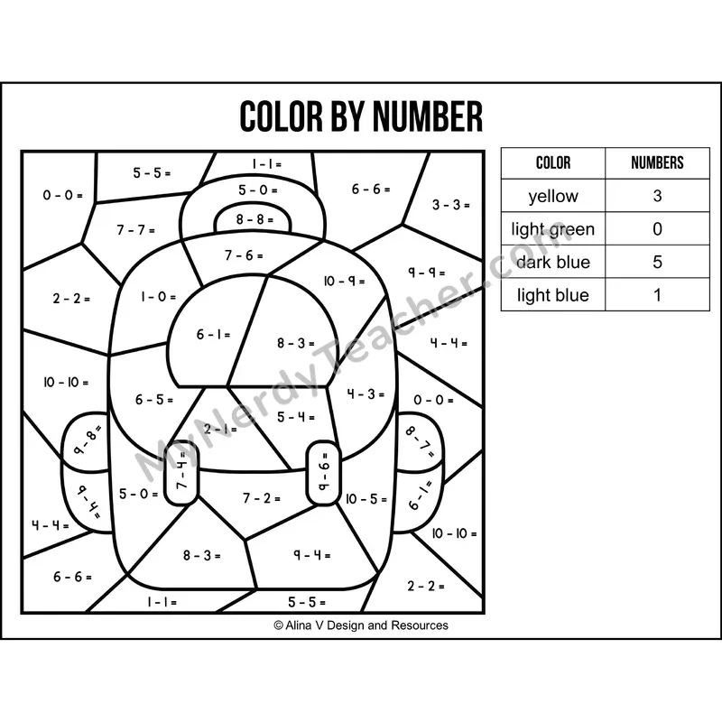 Subtraction Within 10 Color by Number — Back to School Mystery Picture 1