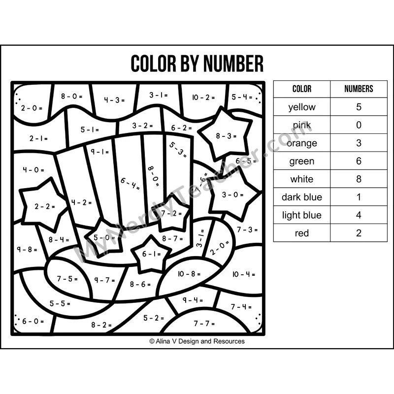 Subtraction Within 10 Color by Number — 4th of July Mystery Picture 6