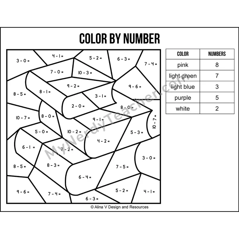 Subtraction Within 10 Color by Number — Back to School Mystery Picture 3