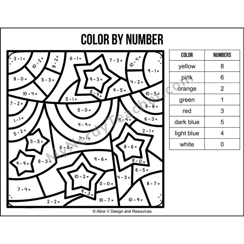 Subtraction Within 10 Color by Number — 4th of July Mystery Picture 2