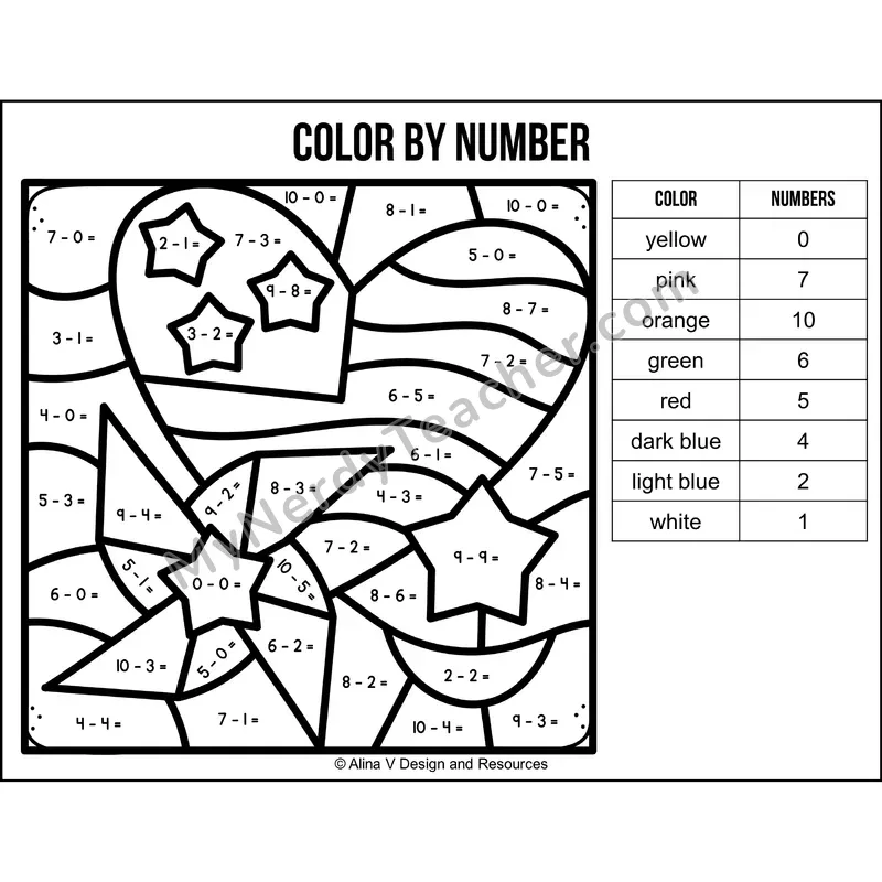 Subtraction Within 10 Color by Number — 4th of July Mystery Picture 4