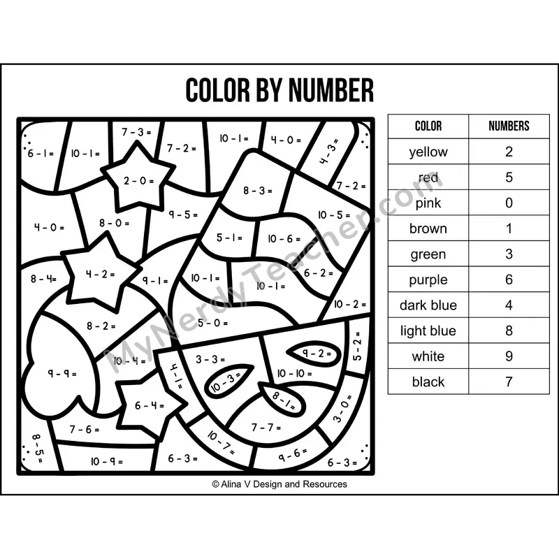 Subtraction Within 10 Color by Number — 4th of July Mystery Picture 1