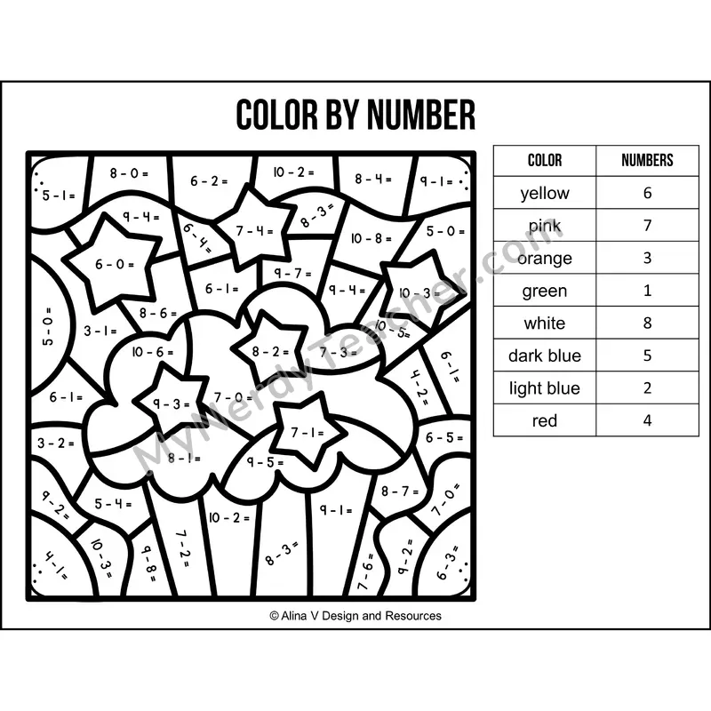 Subtraction Within 10 Color by Number — 4th of July Mystery Picture 3