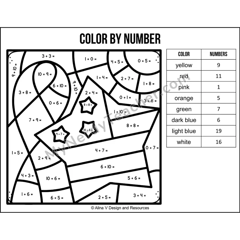 Addition Within 20 Color by Number — Veterans Day Mystery Picture 6