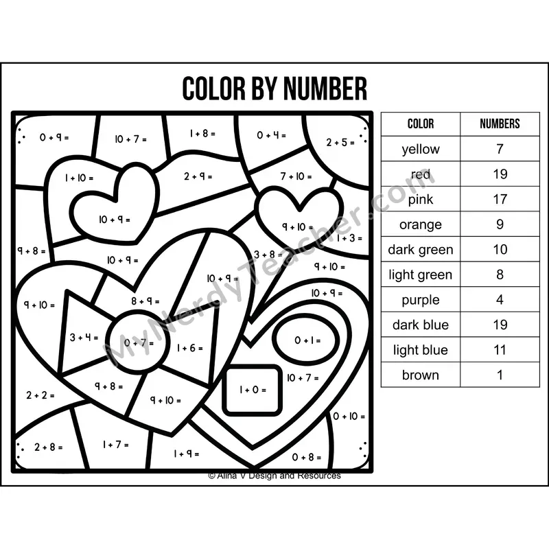 Addition Within 20 Color by Number — Valentines Day Mystery Picture 3