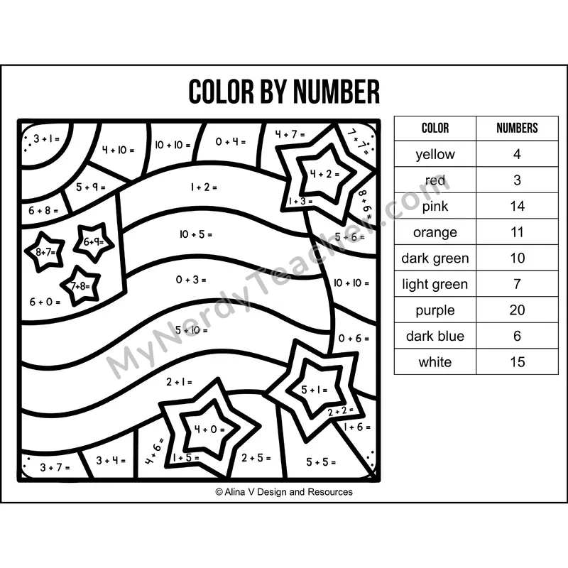 Addition Within 20 Color by Number — Veterans Day Mystery Picture 1