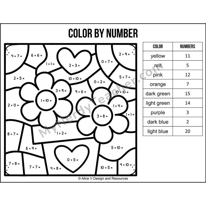 Addition Within 20 Color by Number — Valentines Day Mystery Picture 6